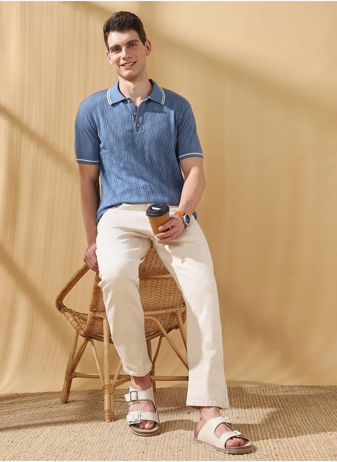 Relaxed Fit Textured Blue Cotton Blend Regular Length Half Sleeves Polo Collar Neck Neckline Knitted