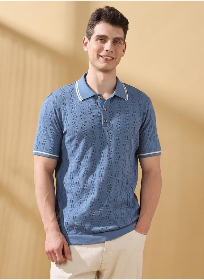 Relaxed Fit Textured Blue Cotton Blend Regular Length Half Sleeves Polo Collar Neck Neckline Knitted