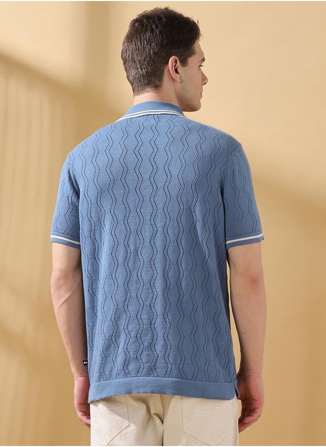 Relaxed Fit Textured Blue Cotton Blend Regular Length Half Sleeves Polo Collar Neck Neckline Knitted