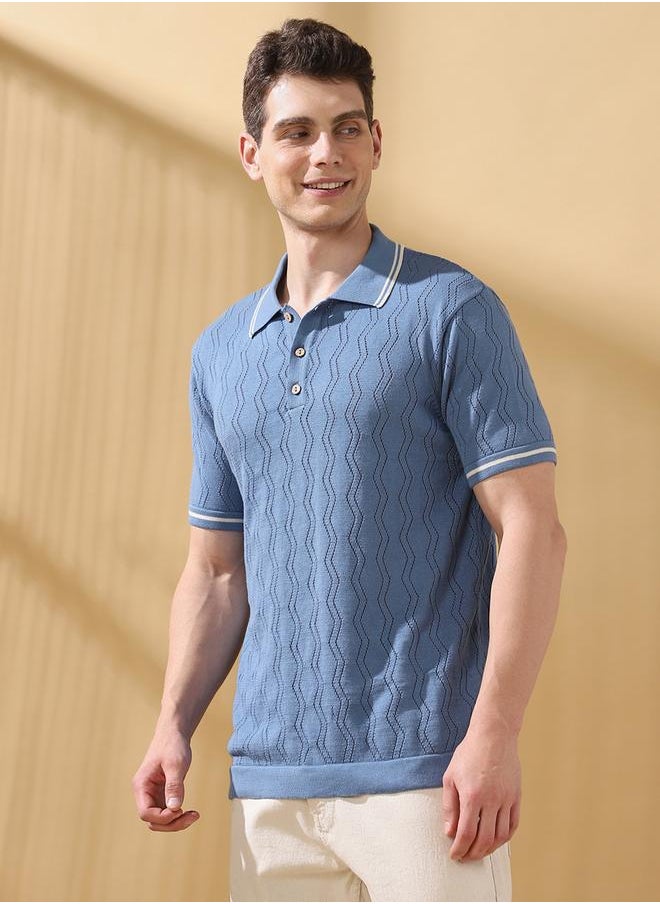 Relaxed Fit Textured Blue Cotton Blend Regular Length Half Sleeves Polo Collar Neck Neckline Knitted