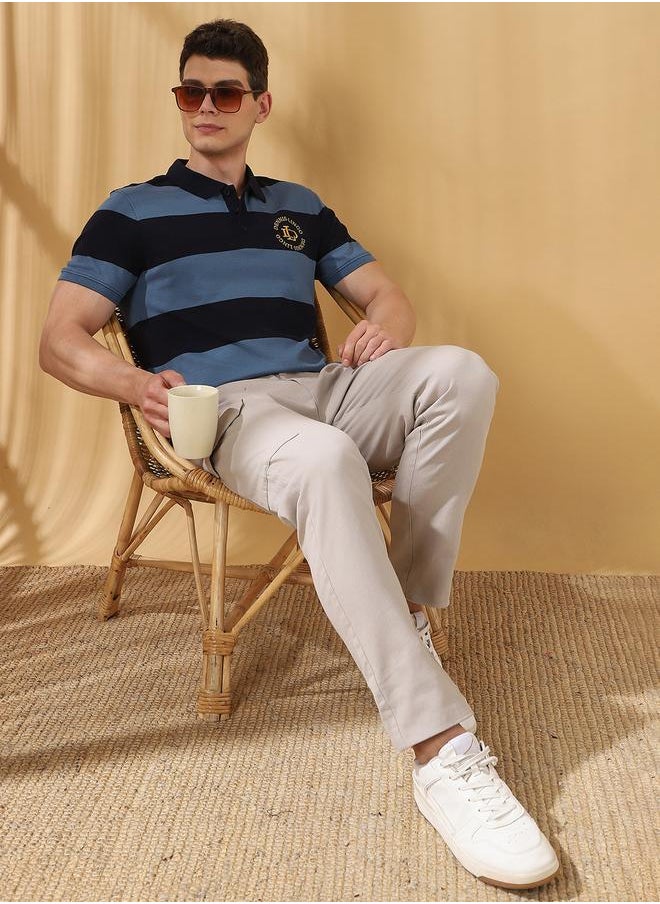 Men's Navy Blazer Cotton Blend Striped Regular Fit T-Shirt