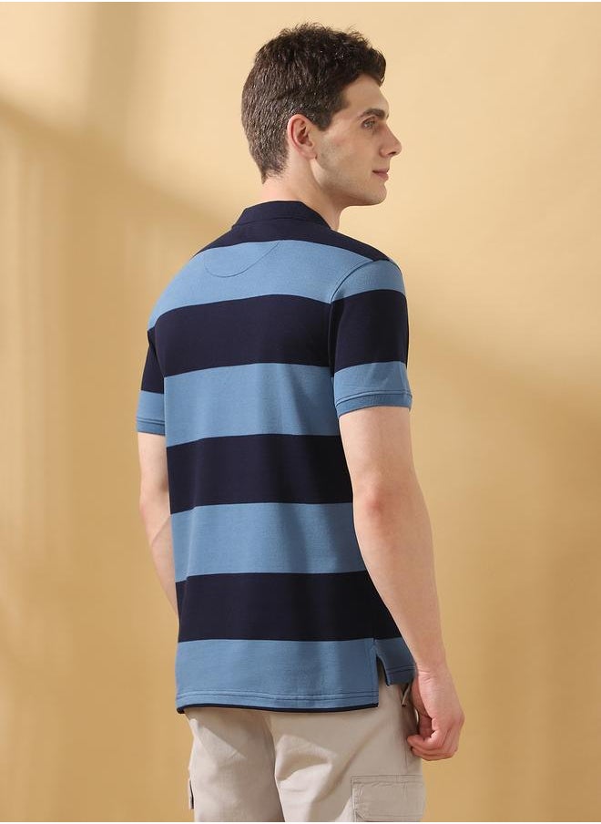Men's Navy Blazer Cotton Blend Striped Regular Fit T-Shirt