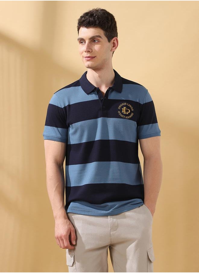 Men's Navy Blazer Cotton Blend Striped Regular Fit T-Shirt