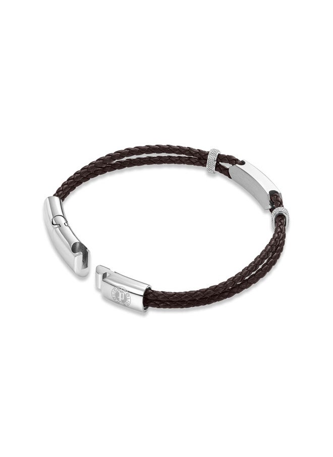 Twincord BraceletDouble Row Brown Leather with Stainless Steel Rings and Central Screwed PlaqueRugged and Sophisticated Men's Style