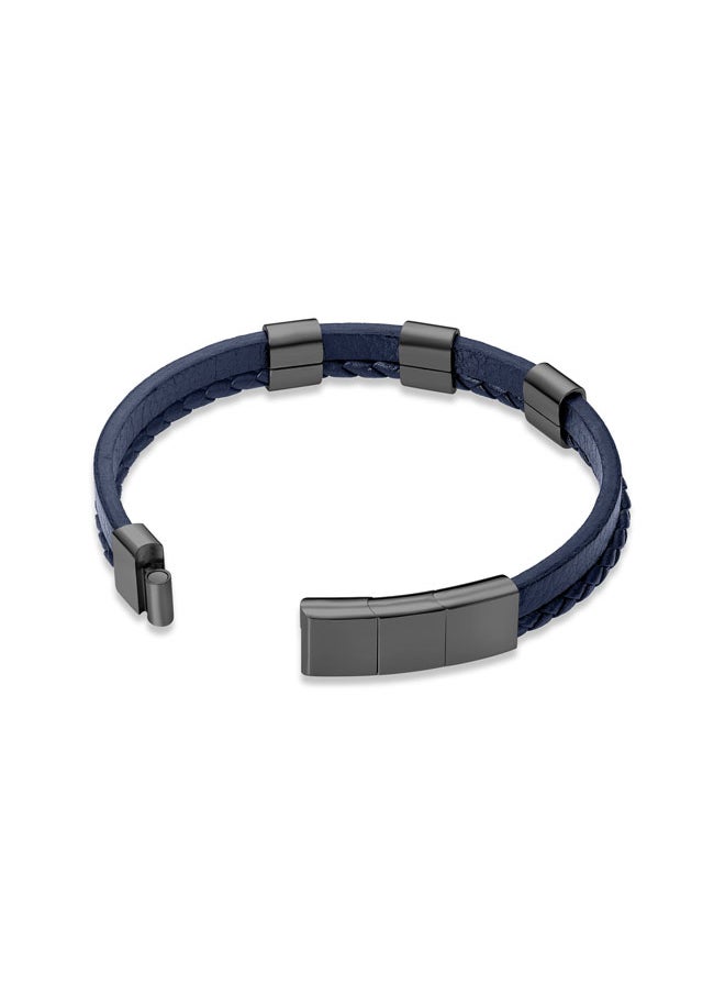 Unity BraceletDual-Textured Black Leather with Grey-Metal Square Motifs and P SymbolBold Men's Style