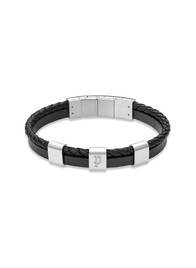 Unity BraceletDual-Textured Black Leather with Stainless Steel Square Motifs and P SymbolBold Men's Style