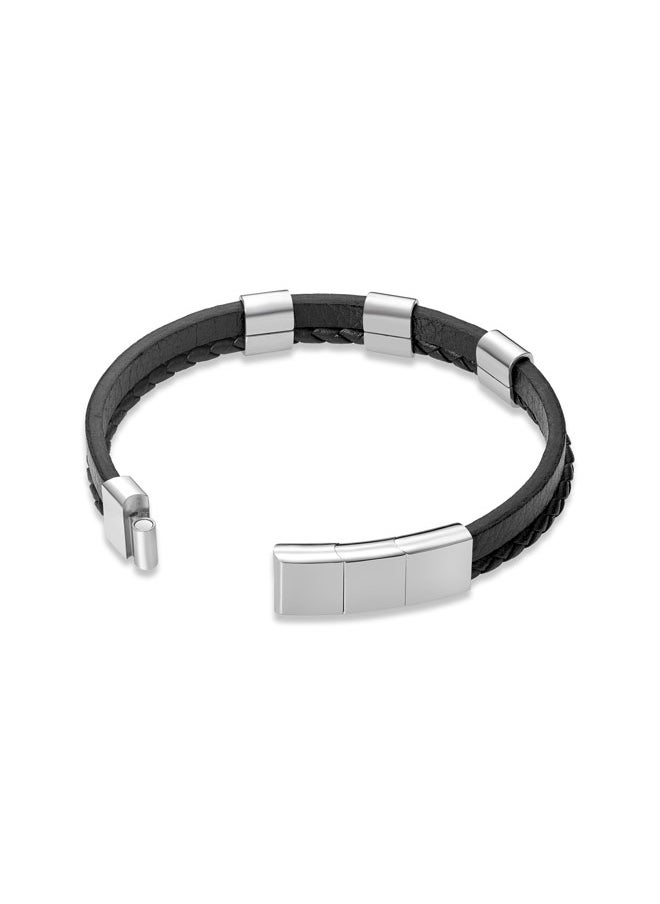 Unity BraceletDual-Textured Black Leather with Stainless Steel Square Motifs and P SymbolBold Men's Style