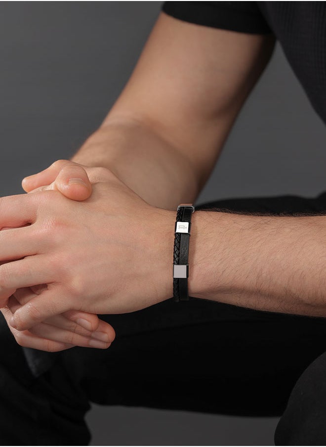 Unity BraceletDual-Textured Black Leather with Stainless Steel Square Motifs and P SymbolBold Men's Style