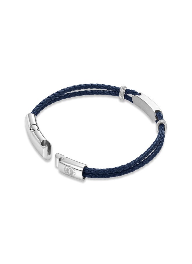 Twincord BraceletDouble Row Navy Leather with Stainless Steel Rings and Central Screwed PlaqueRugged and Sophisticated Men's Style