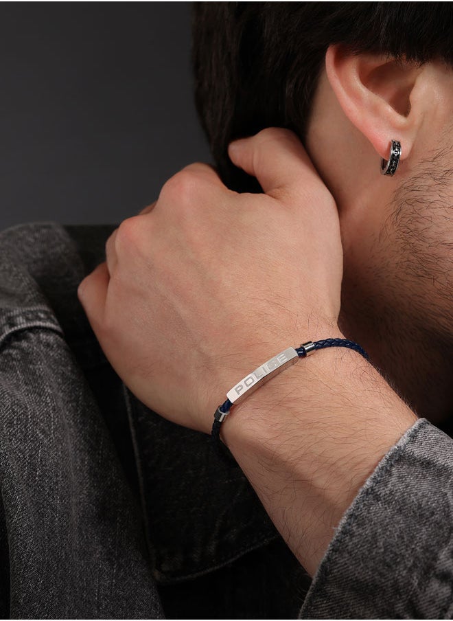 Contour BraceletBlue Leather with Stainless Steel Rings and Etched  PlaqueMen's Bold Statement Style