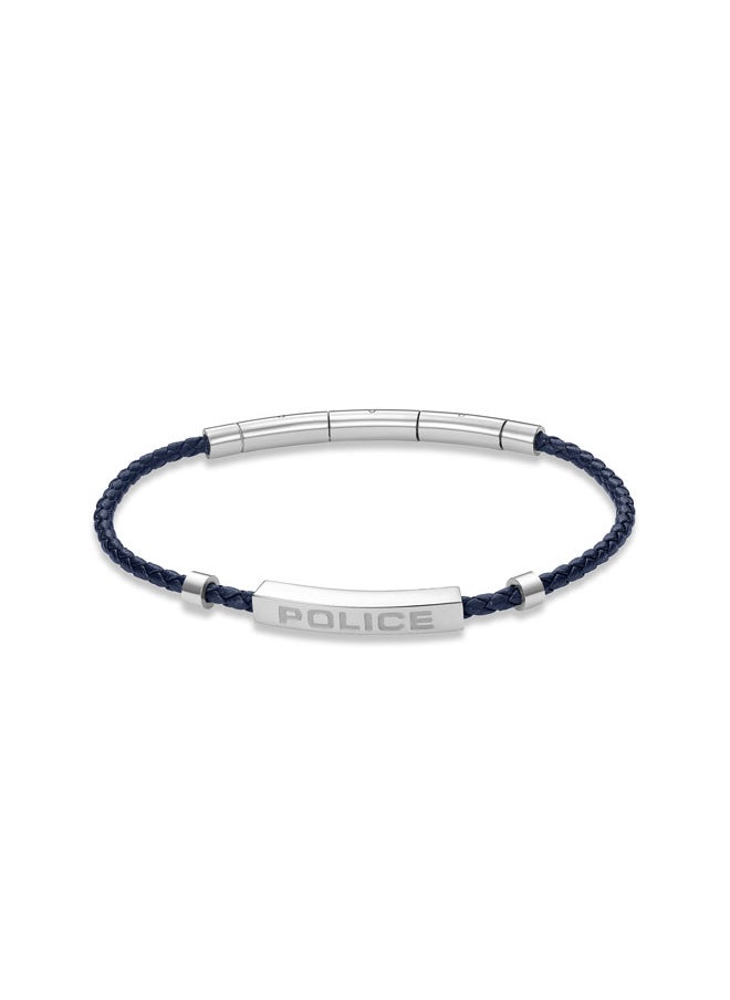 Contour BraceletBlue Leather with Stainless Steel Rings and Etched  PlaqueMen's Bold Statement Style