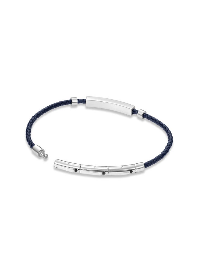 Contour BraceletBlue Leather with Stainless Steel Rings and Etched  PlaqueMen's Bold Statement Style