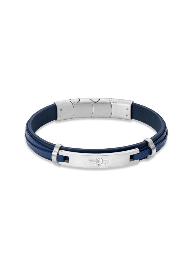 Looper BraceletDual Layer Deep Blue Leather with Iconic Logo Plaque and Stainless Steel Clip ClosureMen's Fearless Urban Style