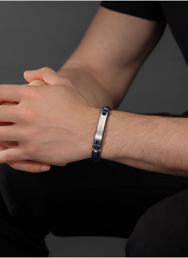 Looper BraceletDual Layer Deep Blue Leather with Iconic Logo Plaque and Stainless Steel Clip ClosureMen's Fearless Urban Style
