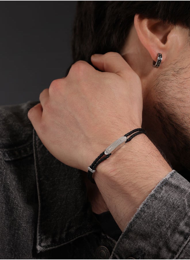Twincord BraceletDouble Row Black Leather with Stainless Steel Rings and Central Screwed PlaqueRugged and Sophisticated Men's Style