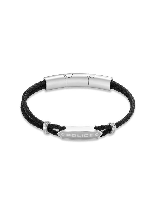 Twincord BraceletDouble Row Black Leather with Stainless Steel Rings and Central Screwed PlaqueRugged and Sophisticated Men's Style
