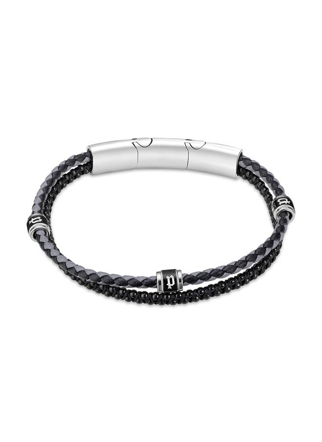 Twinrow BraceletDouble Row Black Leather and Cord with Stainless Steel P LogoBold and Iconic Men's Style