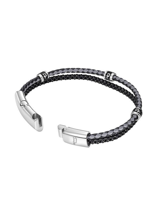 Twinrow BraceletDouble Row Black Leather and Cord with Stainless Steel P LogoBold and Iconic Men's Style