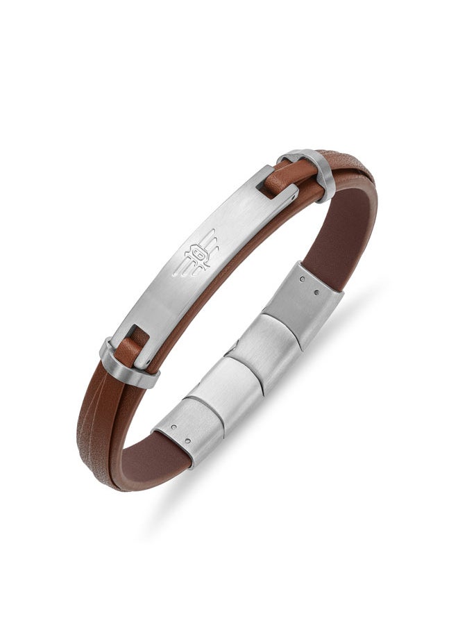 Looper BraceletDual Layer Brown Leather with Iconic Logo Plaque and Stainless Steel Clip ClosureMen's Fearless Urban  Style