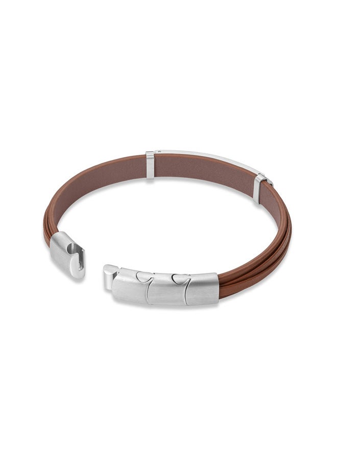 Looper BraceletDual Layer Brown Leather with Iconic Logo Plaque and Stainless Steel Clip ClosureMen's Fearless Urban  Style