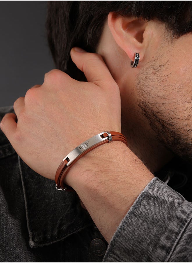 Looper BraceletDual Layer Brown Leather with Iconic Logo Plaque and Stainless Steel Clip ClosureMen's Fearless Urban  Style