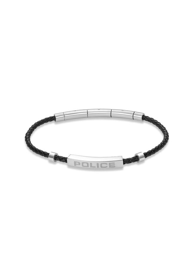 Contour BraceletBlack Leather with Stainless Steel Rings and Etched  PlaqueMen's Bold Statement Style