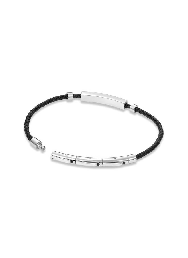 Contour BraceletBlack Leather with Stainless Steel Rings and Etched  PlaqueMen's Bold Statement Style