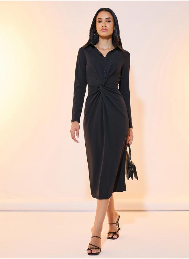 Solid Polo Neck Twist Detail Midi Dress