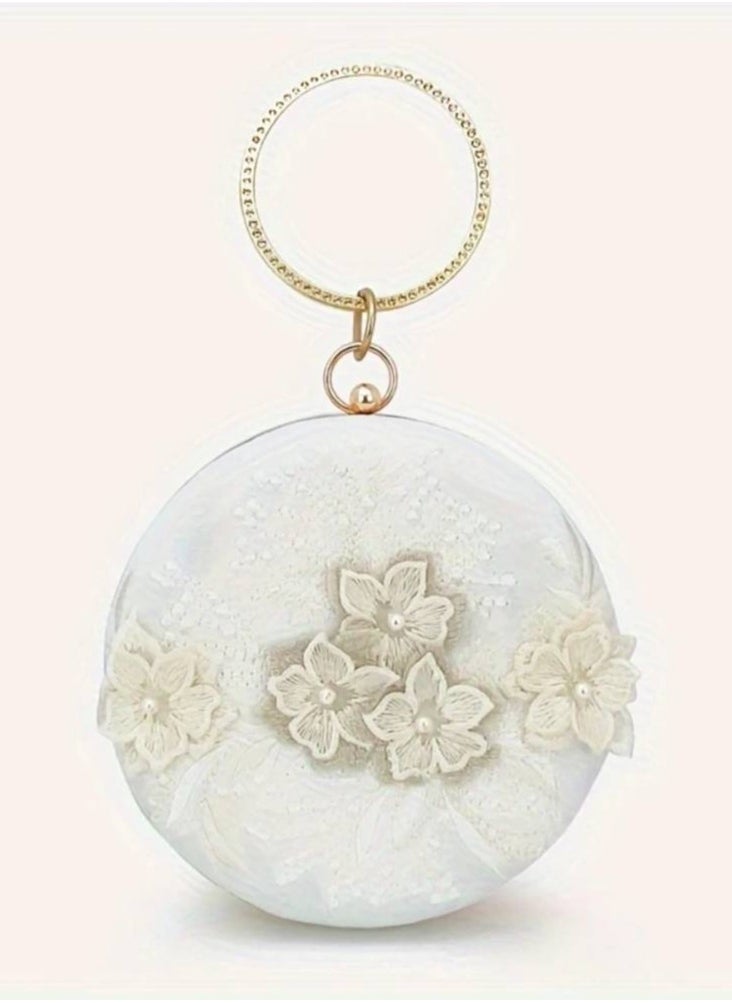 Floral Embroidery Round Evening Bag, Clutch Wedding Purse For Women, Party Banquet Flower Bag