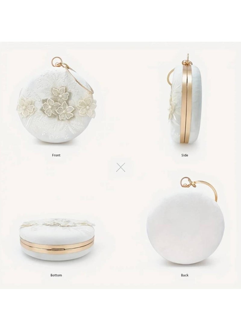 Floral Embroidery Round Evening Bag, Clutch Wedding Purse For Women, Party Banquet Flower Bag