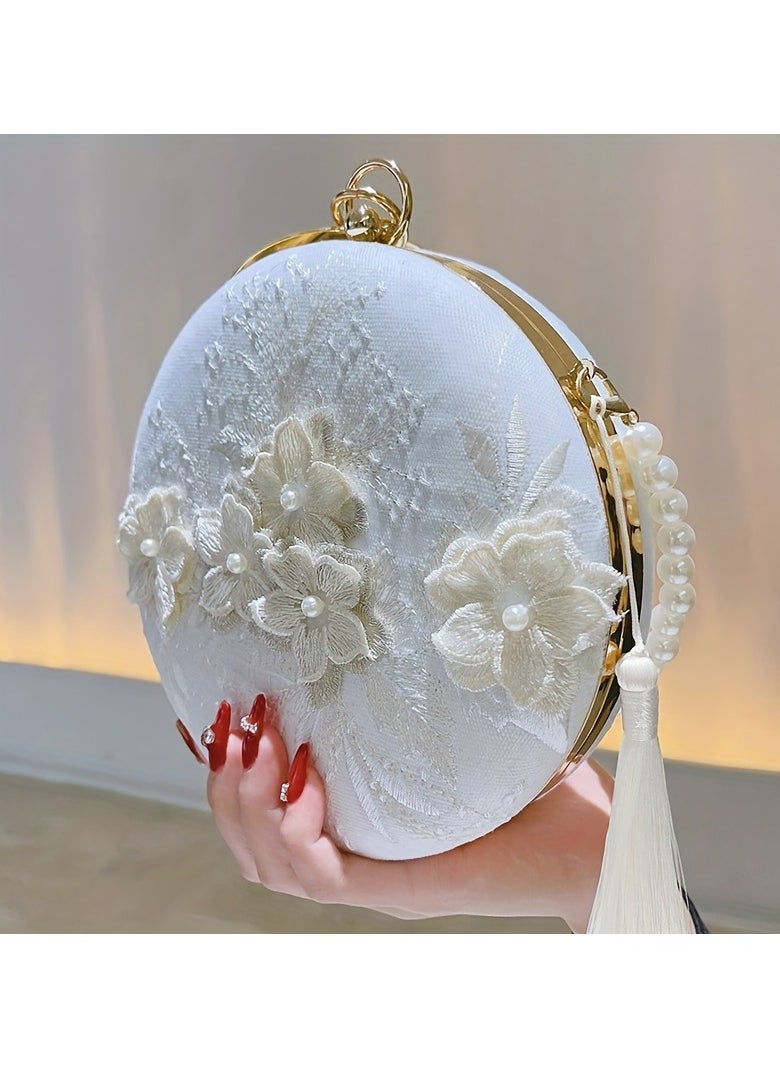 Floral Embroidery Round Evening Bag, Clutch Wedding Purse For Women, Party Banquet Flower Bag