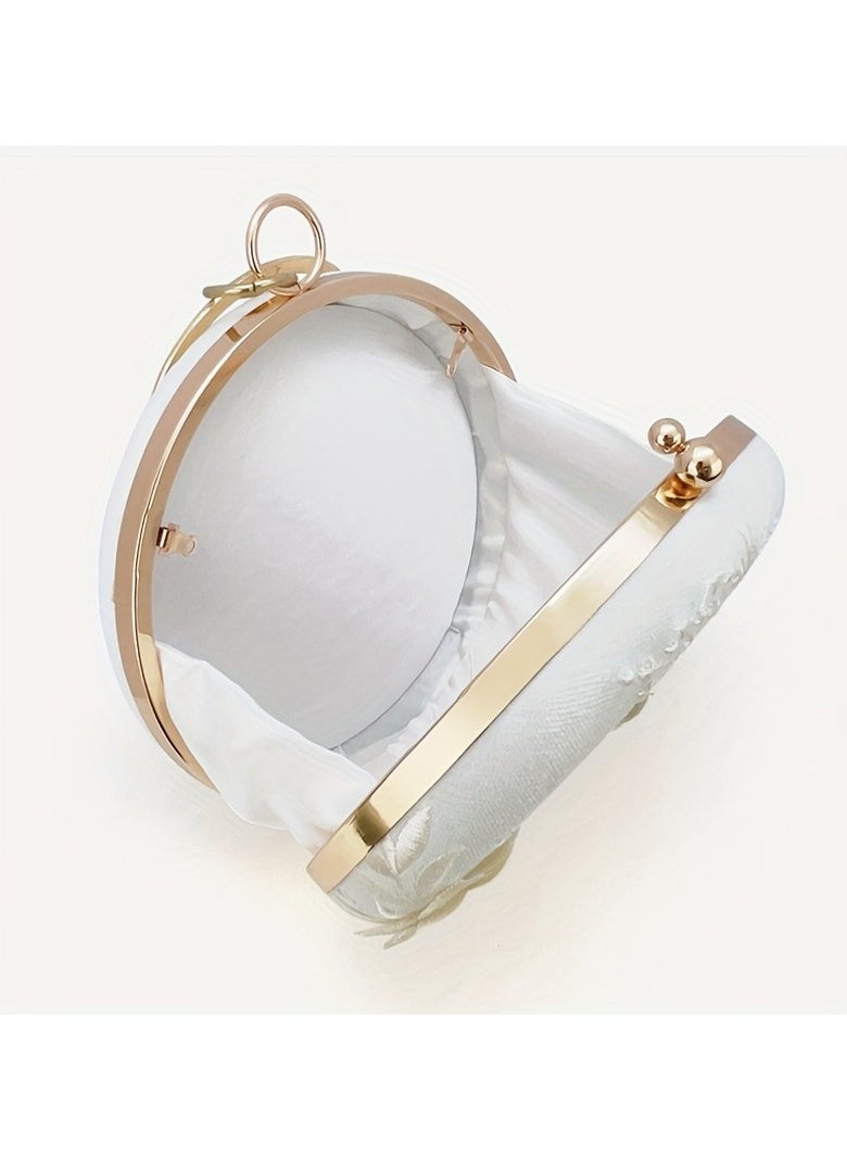 Floral Embroidery Round Evening Bag, Clutch Wedding Purse For Women, Party Banquet Flower Bag