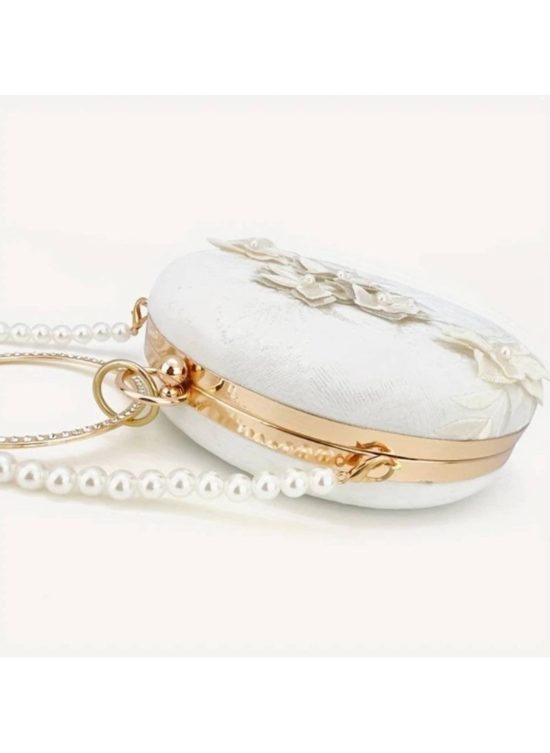 Floral Embroidery Round Evening Bag, Clutch Wedding Purse For Women, Party Banquet Flower Bag