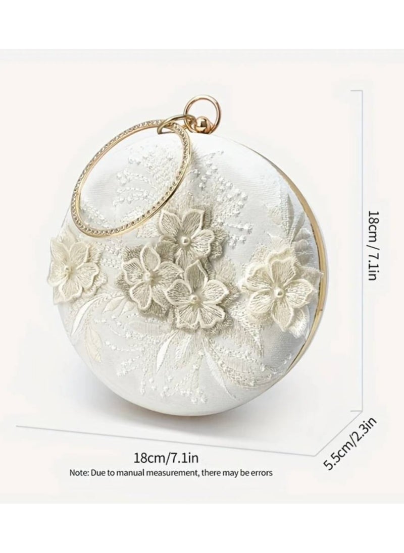 Floral Embroidery Round Evening Bag, Clutch Wedding Purse For Women, Party Banquet Flower Bag