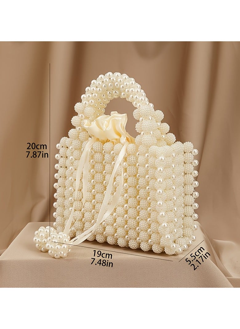 Elegant Handmade Imitation Pearl Beaded Evening Clutch with Rose Handle  Chic Women’s Dinner Purse for Formal Occasions, Cream White, Pearl Purse