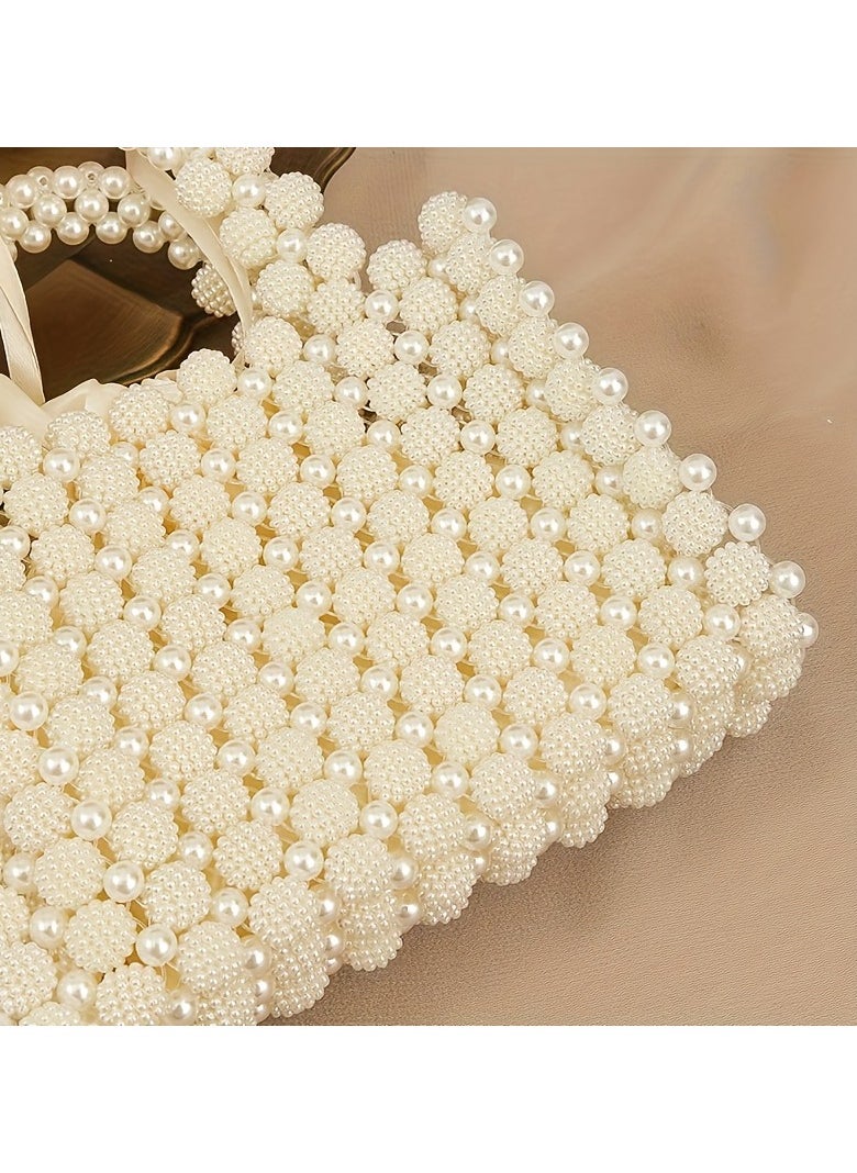 Elegant Handmade Imitation Pearl Beaded Evening Clutch with Rose Handle  Chic Women’s Dinner Purse for Formal Occasions, Cream White, Pearl Purse