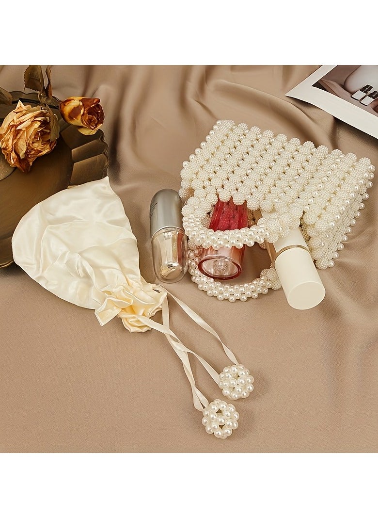 Elegant Handmade Imitation Pearl Beaded Evening Clutch with Rose Handle  Chic Women’s Dinner Purse for Formal Occasions, Cream White, Pearl Purse