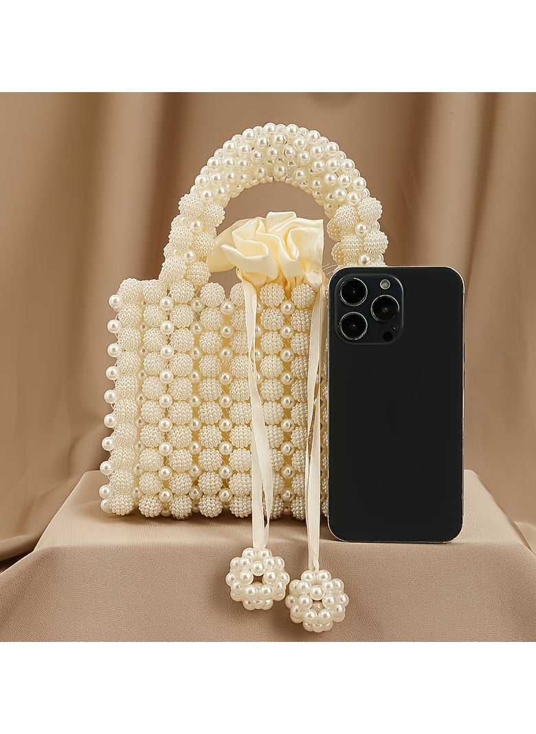 Elegant Handmade Imitation Pearl Beaded Evening Clutch with Rose Handle  Chic Women’s Dinner Purse for Formal Occasions, Cream White, Pearl Purse