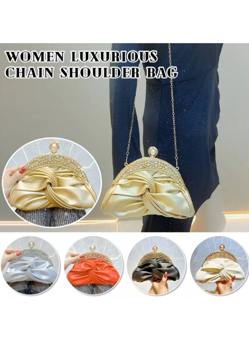 Elegant Mini Clutch with Golden Rhinestone Crown, Removable Shoulder Strap, and Pearl Accents - Perfect for Evening Parties, Banquets, and Special Occasions, Ladies' Handbag