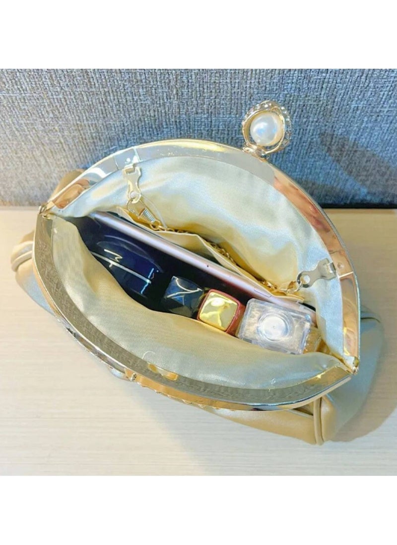 Elegant Mini Clutch with Golden Rhinestone Crown, Removable Shoulder Strap, and Pearl Accents - Perfect for Evening Parties, Banquets, and Special Occasions, Ladies' Handbag