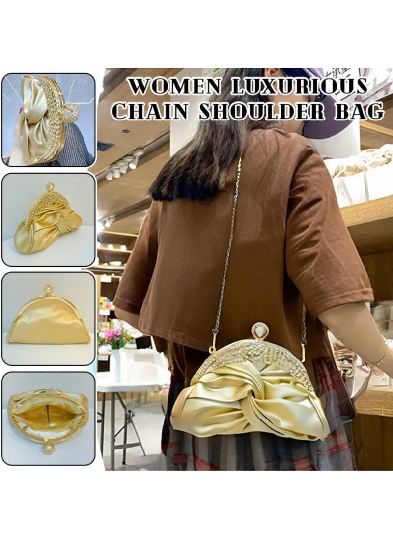 Elegant Mini Clutch with Golden Rhinestone Crown, Removable Shoulder Strap, and Pearl Accents - Perfect for Evening Parties, Banquets, and Special Occasions, Ladies' Handbag