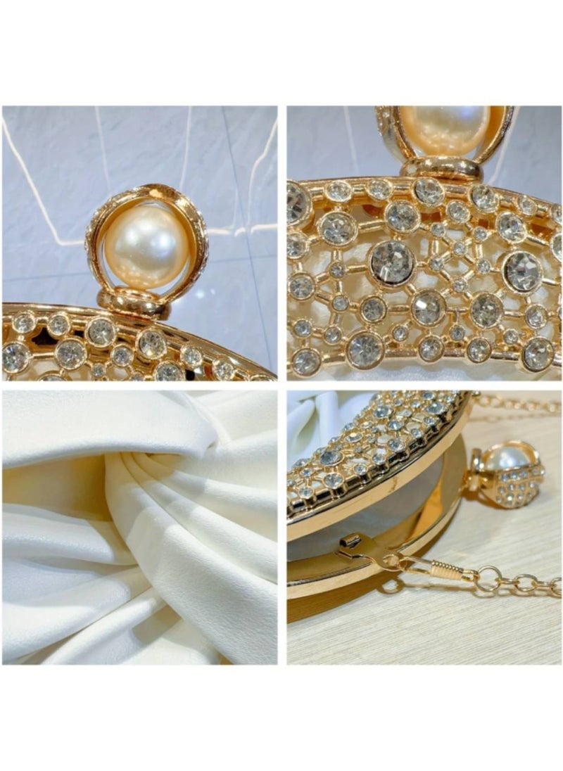Elegant Mini Clutch with Golden Rhinestone Crown, Removable Shoulder Strap, and Pearl Accents - Perfect for Evening Parties, Banquets, and Special Occasions, Ladies' Handbag