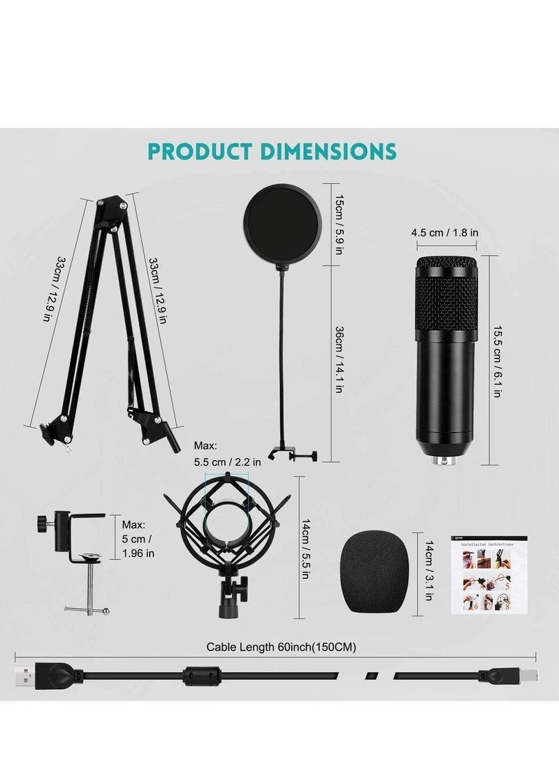 USB Condenser Microphone Kit for PC & Laptop – 192kHz/24Bit Professional Cardioid Mic with Adjustable Scissor Arm, Shock Mount & Pop Filter – Ideal for YouTube, Gaming, Podcasts, Streaming, Voiceover & Karaoke Recording