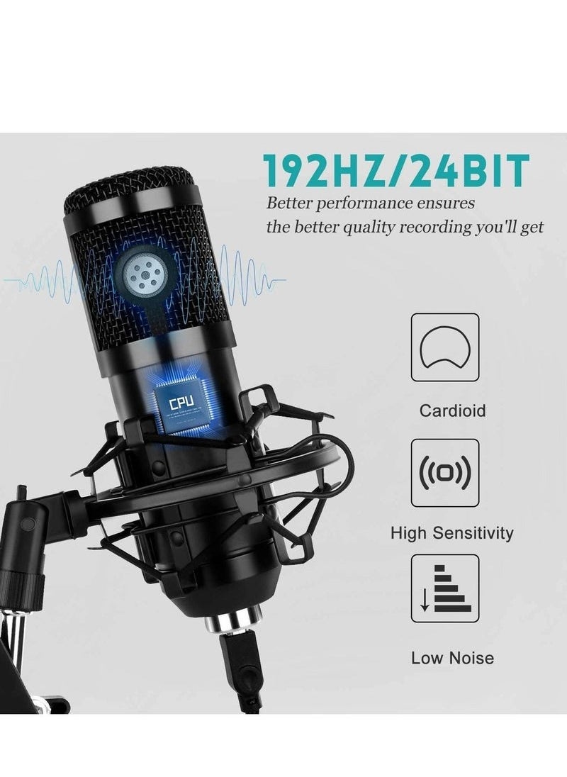 USB Condenser Microphone Kit for PC & Laptop – 192kHz/24Bit Professional Cardioid Mic with Adjustable Scissor Arm, Shock Mount & Pop Filter – Ideal for YouTube, Gaming, Podcasts, Streaming, Voiceover & Karaoke Recording
