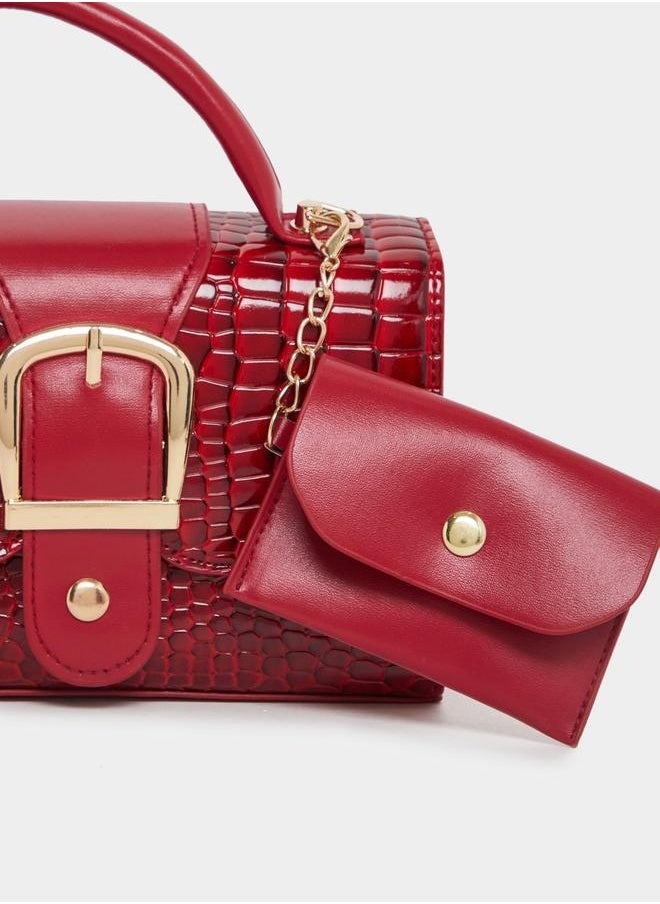 Croc Skin Textured City Bag with Pouch