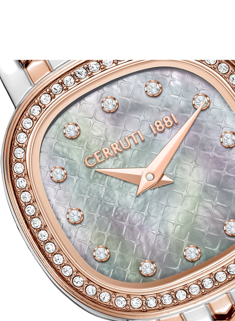 Women's Gresta Analog Watch - White Mother of Pearl Dial, Two Tone Bracelet, Rose Gold Crystal Studded Topring