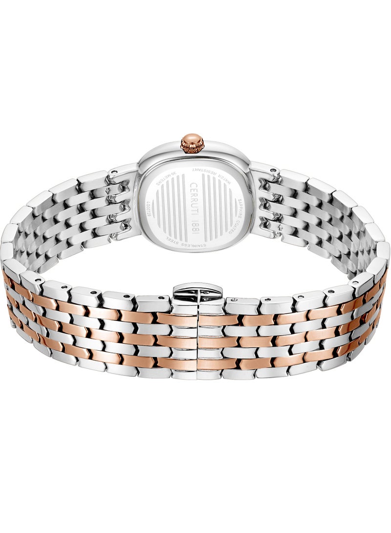 Women's Gresta Analog Watch - White Mother of Pearl Dial, Two Tone Bracelet, Rose Gold Crystal Studded Topring