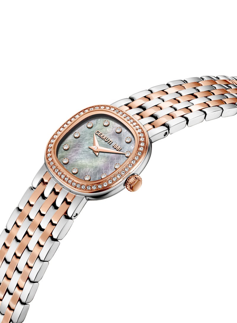 Women's Gresta Analog Watch - White Mother of Pearl Dial, Two Tone Bracelet, Rose Gold Crystal Studded Topring