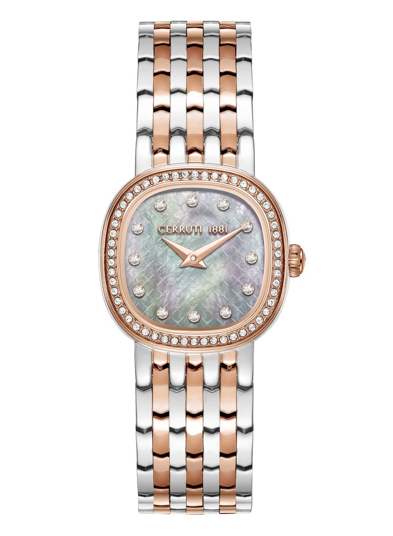 Women's Gresta Analog Watch - White Mother of Pearl Dial, Two Tone Bracelet, Rose Gold Crystal Studded Topring