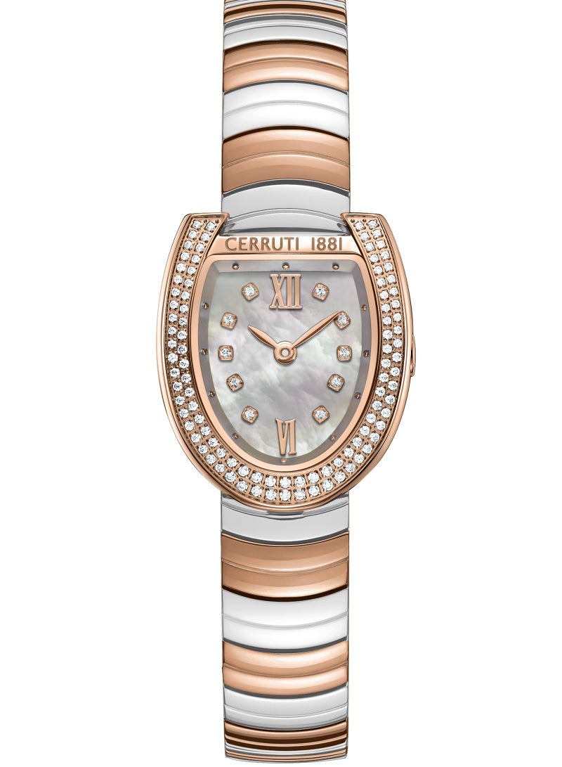 Women's Lerici Analog Watch - White Mother of Pearl Dial, Roman Numerals, Rose Gold Two Tone Bracelet